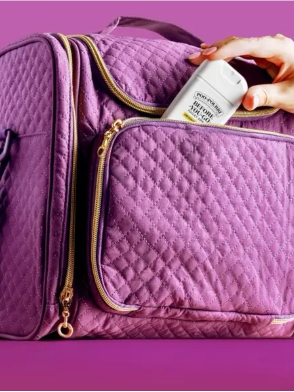 Quilted Purple Travel Tote Bag with Gold Zippers